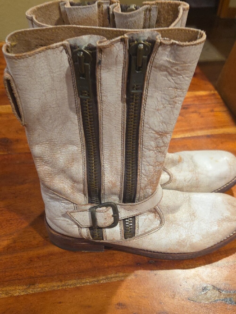 Bed Stu Cream Leather Heeled Mid-Calf Boots with Buckle Strap - Picture 3 of 7